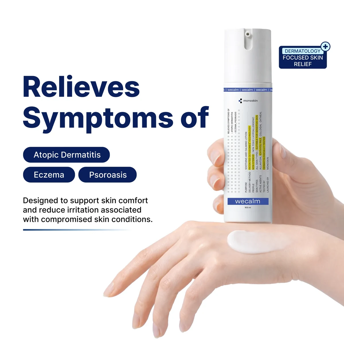 A hand holding WECALM lotion; cropped product photograph