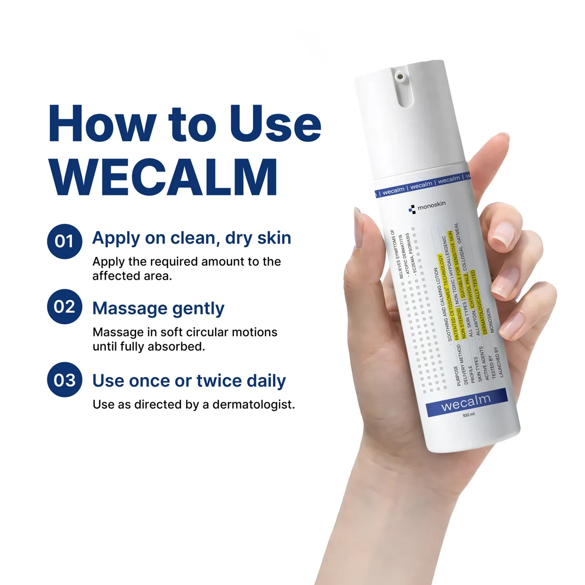 Hand holding the WECALM lotion bottle