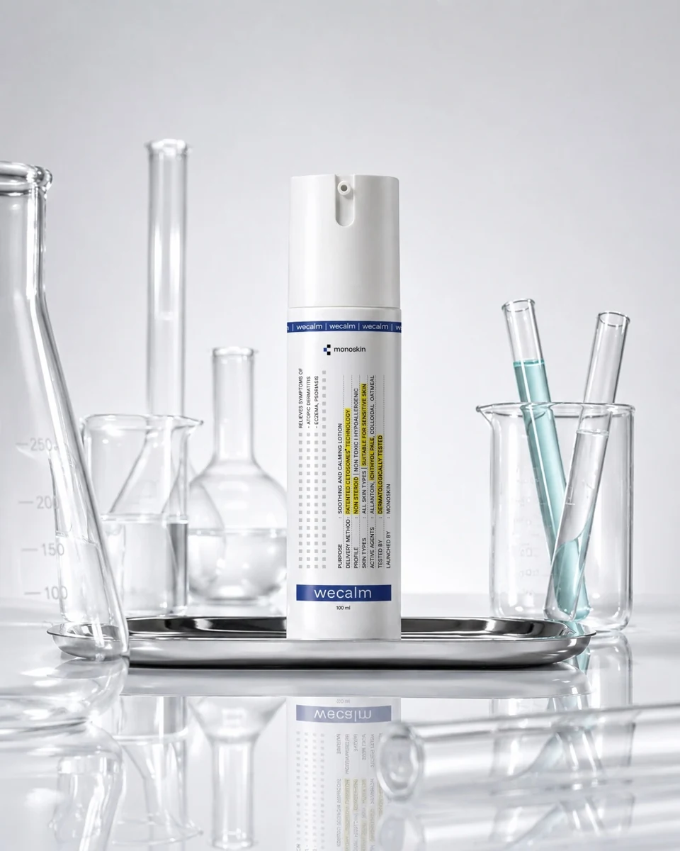 Upright WECALM bottle among laboratory glassware