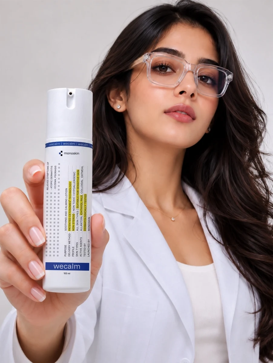 Campaign model in a white coat holding WECALM; no clinical endorsement implied