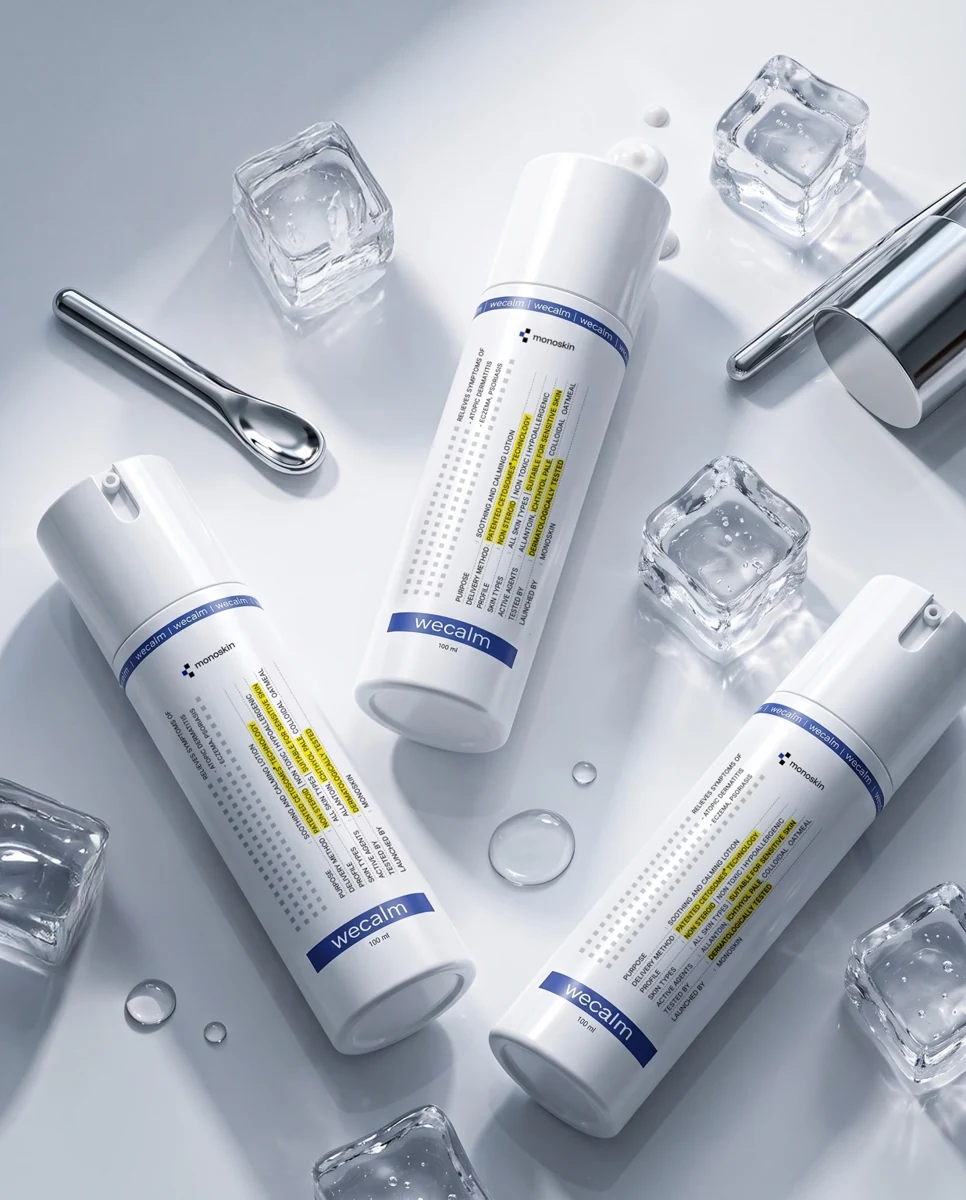 Three WECALM bottles arranged with ice and metallic objects